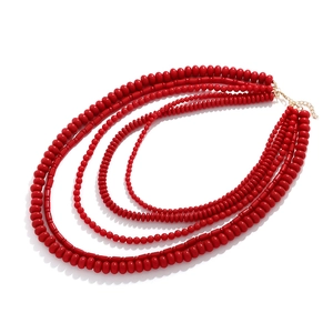 Multilayer red beaded fringe necklace with bohemian style and gold lobster clasp