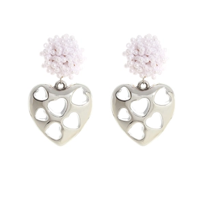 Handmade beaded lilac stud with silver hollow heart pendant earrings on white background