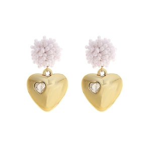Handmade beaded cluster earrings with gold heart pendant and crystal accent in retro style