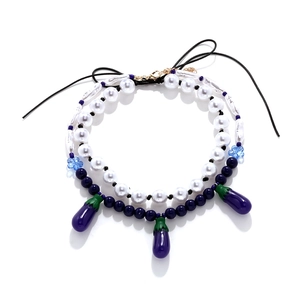Layered Imitation Artificial Pearl Beaded Necklace With Resin Eggplant Pendant Blue Flower Accents Summer Handmade Jewelry Women