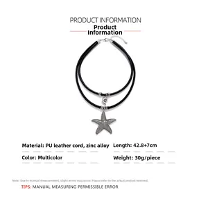 Detail view of double-layer starfish pendant necklace with PU leather cord and zinc alloy