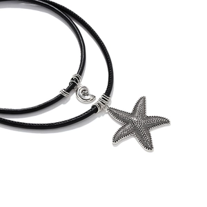 Starfish pendant necklace with double-layer black cord for a bohemian beach jewelry look