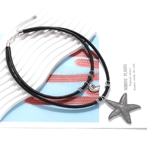 Bohemian double-layer black cord necklace with silver starfish and shell pendants
