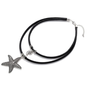 Double-layered starfish and shell pendant necklace with black cord for beach style