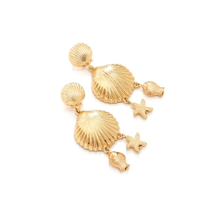 Détails de boucles d'oreilles coquillage dorées avec pendentifs étoile de mer et poisson en alliage