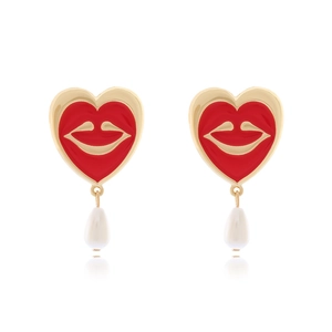 Vintage gold heart earrings with red enamel lips and elegant teardrop pearl pendants