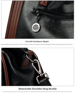 Détail de la fermeture éclair en métal et du crochet amovible sur sac en cuir noir grainé
