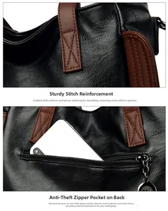 Détail des coutures renforcées et poche arrière antivol cachée sur le sac cabas en cuir noir