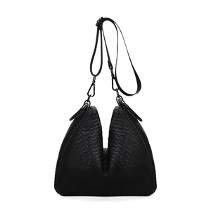 Fashionable black woven leather shoulder bag with adjustable strap and V-shape design