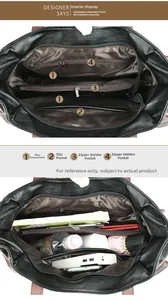 Vue intérieure du sac à main pour femme montrant plusieurs compartiments et capacité