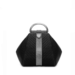 Chic black textured leather handbag with rhinestone strip and silver round handle