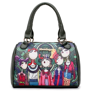 Forest theme forest print handbag set with green leather trim and artistic illustration