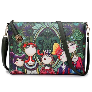 Forest print PU leather crossbody bag with adjustable strap and colorful girl pattern