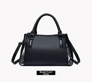 Vue avant du sac à main noir en cuir grainé avec détails serpent et garniture argentée