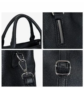 Détails du sac à main en cuir noir grainé avec fermoirs argentés et bandoulière réglable