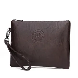 Men's Business Clutch Bag Large Capacity Pebble Grain PU Leather Envelope Handbag With Wrist Strap Zipper Closure