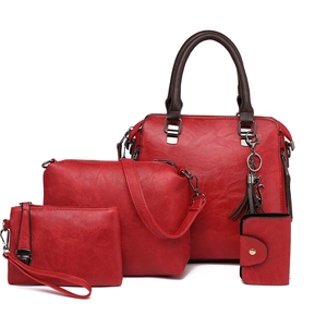 Ensemble 4 pièces de sacs en cuir PU rouge comprenant cabas, sac bandoulière, pochette et porte-cartes