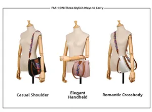 Three-way fashion handbag with colorful woven strap showing shoulder and crossbody styles