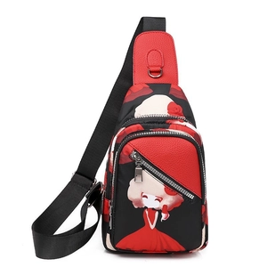 Nylon chest bag for women featuring a cartoon girl print and red faux leather trim