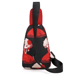 Black Oxford cloth chest bag with cartoon girl print and adjustable shoulder strap