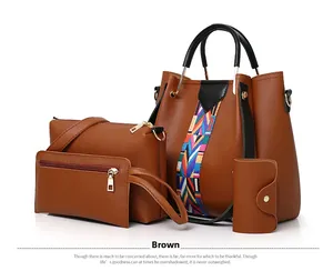 Brown four-piece handbag set featuring a large tote with colorful striped webbing detail