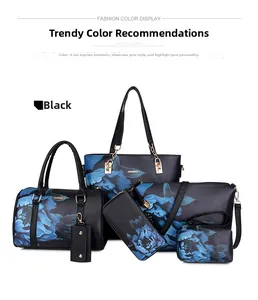 Detailed 6-piece set including black tote and bags with blue floral prints and gold hardware