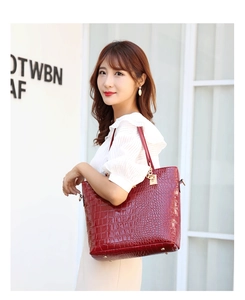 Detailed view of red crocodile pattern handbag with gold hardware on a white background