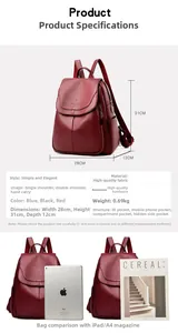 Macro detail of red litchi grain leather backpack showing 28x31x12cm size dimensions