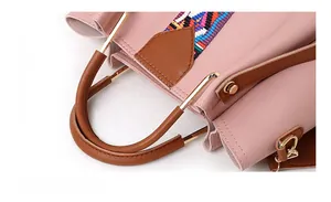 Detail of pink handbag with golden metal hardware handle and rainbow woven strap detail