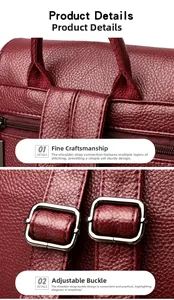 Detail view of burgundy lychee leather backpack with metal zipper and reinforced stitching