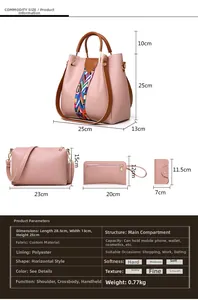 Size chart for 4-piece pink bag set including tote, crossbody, clutch and card holder details