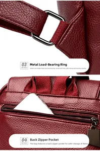 Detail of lychee pattern leather backpack featuring anti-theft back pocket and D-ring hardware