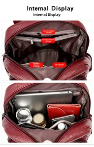 Detail of red pebbled leather backpack showing large interior capacity and compartments