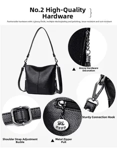 Detail of black lychee grain leather bag showing polished metal hardware and zipper