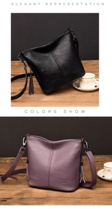 Close-up of litchi grain leather texture and tassel detail on black and purple bucket bags