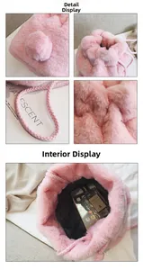 Detail view of pink faux fur bucket bag featuring plush drawstring and soft texture