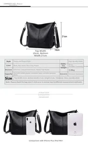 Detailed size chart for black tassel bucket bag showing dimensions and capacity