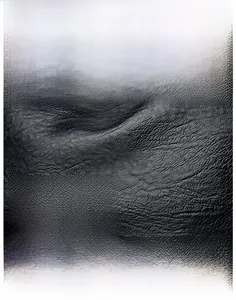 Close-up of waterproof black litchi pattern leather with silver logo and hardware