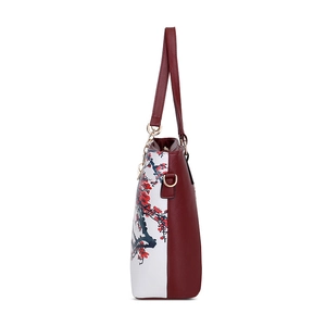 Fashionable burgundy and white women's handbag with red plum floral print and cross-grain texture