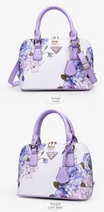 Detailed views of floral shell bag featuring Saffiano texture and metal logo
