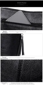 Detail of black lychee grain leather handbag featuring rear zip pocket and tassel charm