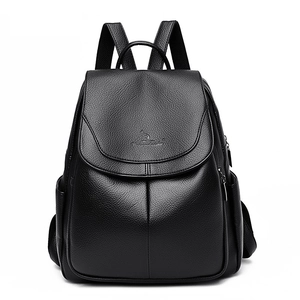 Women's black pebbled leather backpack with kangaroo logo and large capacity design