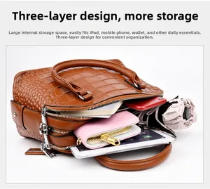 Three-layer brown crocodile pattern bag with large storage for laptop and essentials
