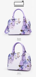 Detailed front and side views of the purple floral shell bag with golden metal hardware