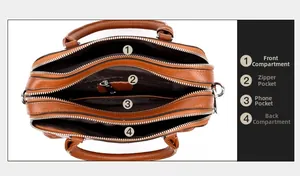Brown leather handbag interior with multi-layer zipper pockets and four functional sections