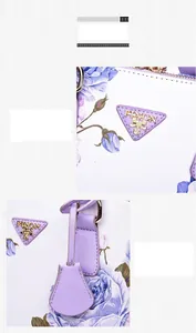 Macro detail of floral shell bag featuring purple rose print and metal logo plaque