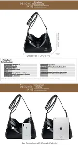 Detailed size chart and dimensions of the black litchi pattern leather crossbody bag