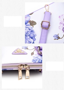 Detail of saffiano leather texture, floral pattern, and gold hardware on shell bag