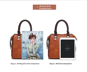 Borsa Boston marrone in ecopelle a confronto con rivista A4 e iPad Air