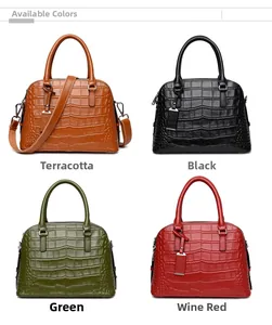 Collection of crocodile pattern shell bags in caramel, black, green and burgundy tones